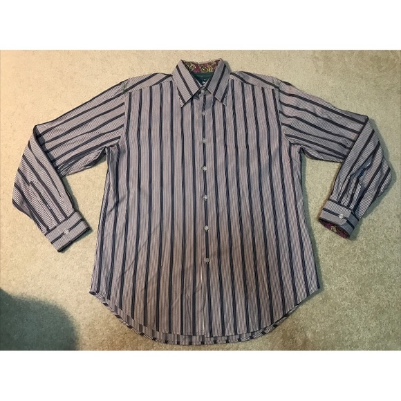 Robert Graham Dress Shirt Stripes Embroidered Purple Flower Flip Cuff Men Size L - Picture 1 of 12